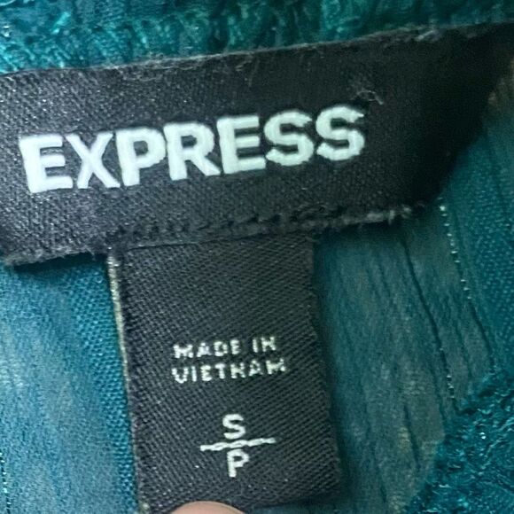 EXPRESS Teal Green Mock Neck Semi-Sheer Long Sleeve Tie Bottom Blouse - Picture 10 of 11